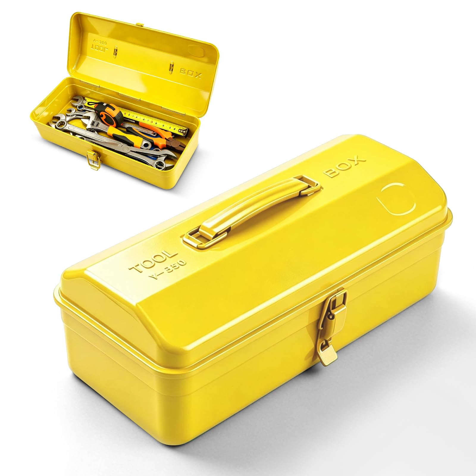 Caja de herramientas pequeña vacía, caja de herramientas de metal con tapa, 37 x 16 x 12 cm, portátil, chapa de hierro con asa y cierre, para almacenamiento y transporte de herramientas (amarillo)