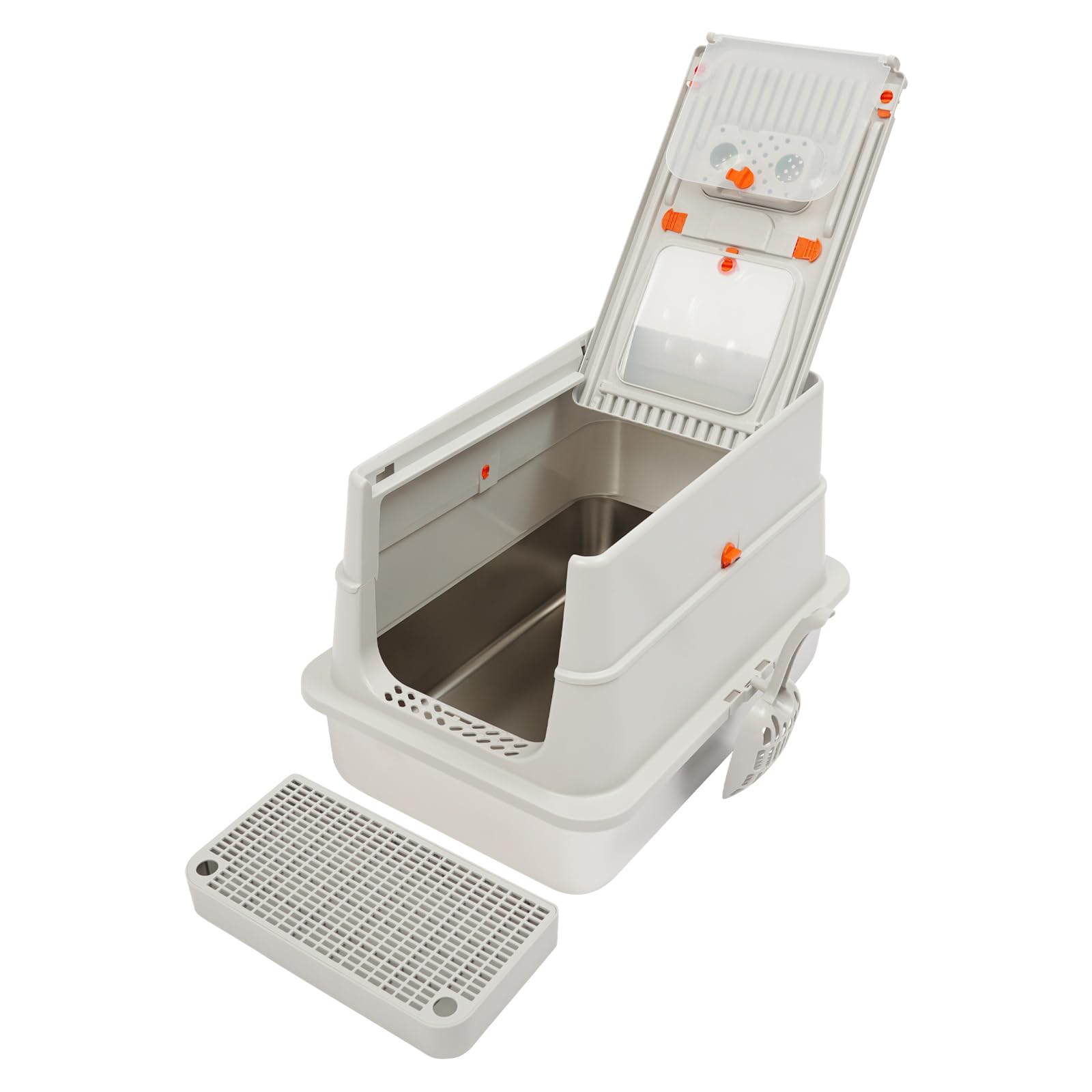 Grande lettiera chiusa per gatti in metallo, con funzione di controllo degli odori, con spatola e coperchio, per gatti di grandi dimensioni e per la casa multipla (grigio chiaro)
