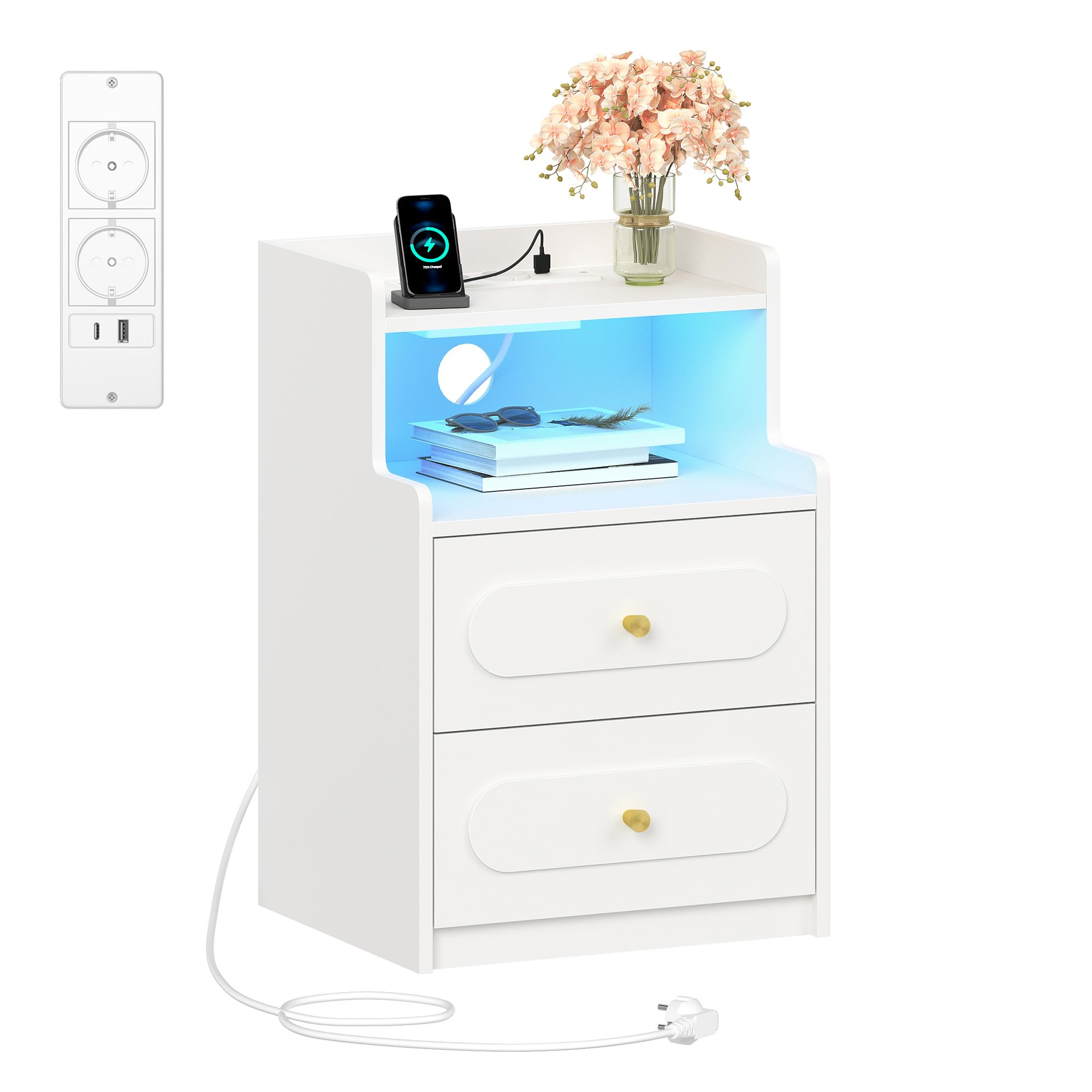 Slim Nachtkastje met Draadloos Opladen, LED-Licht en 3 Lades - Modern