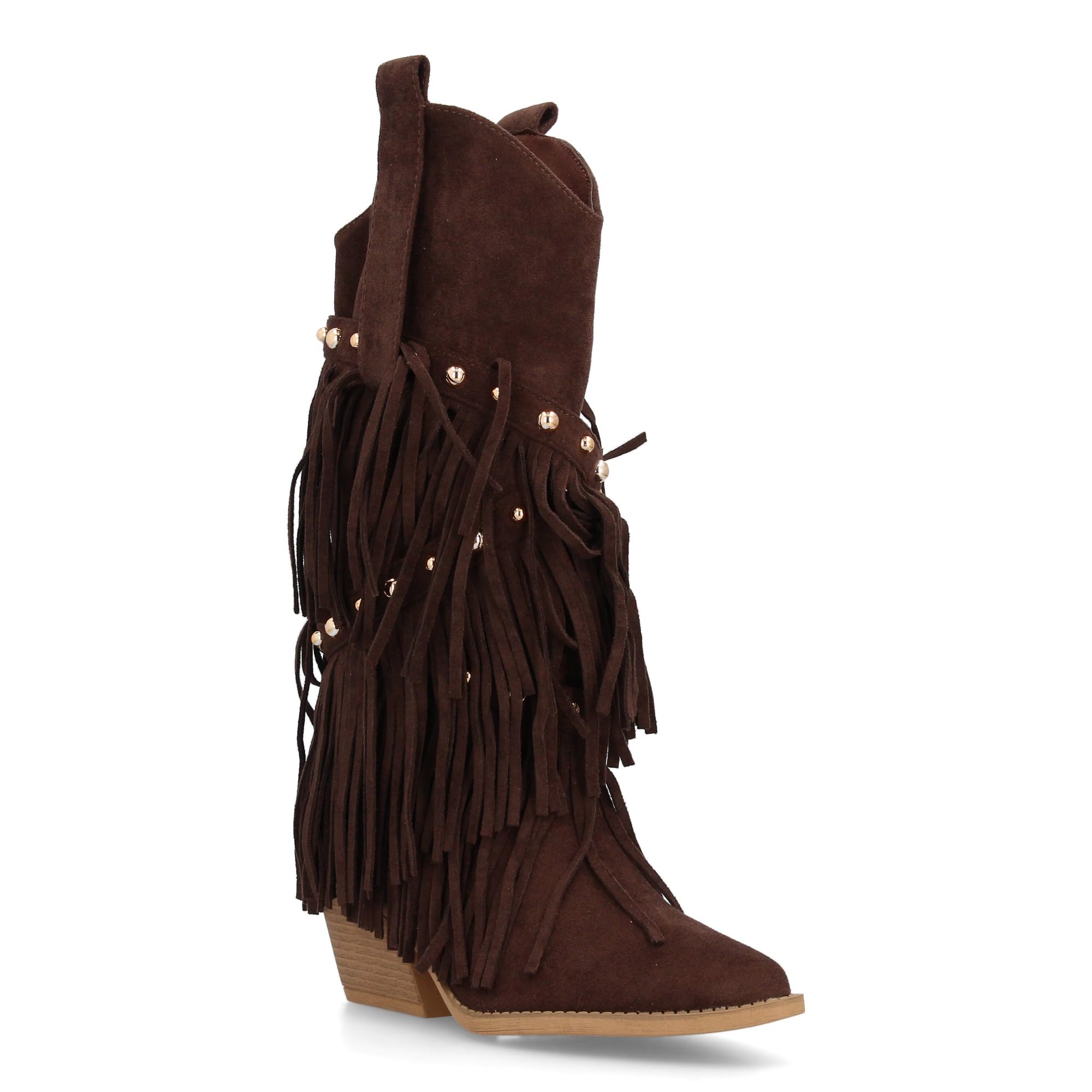 Bota de Estilo Western con Cana Alta Decorada con Flecos en Cascada y Tachuelas metalicas, Punta Fina y Tacon Cubano. Ideal para Mujer en Temporada de Otono Invierno