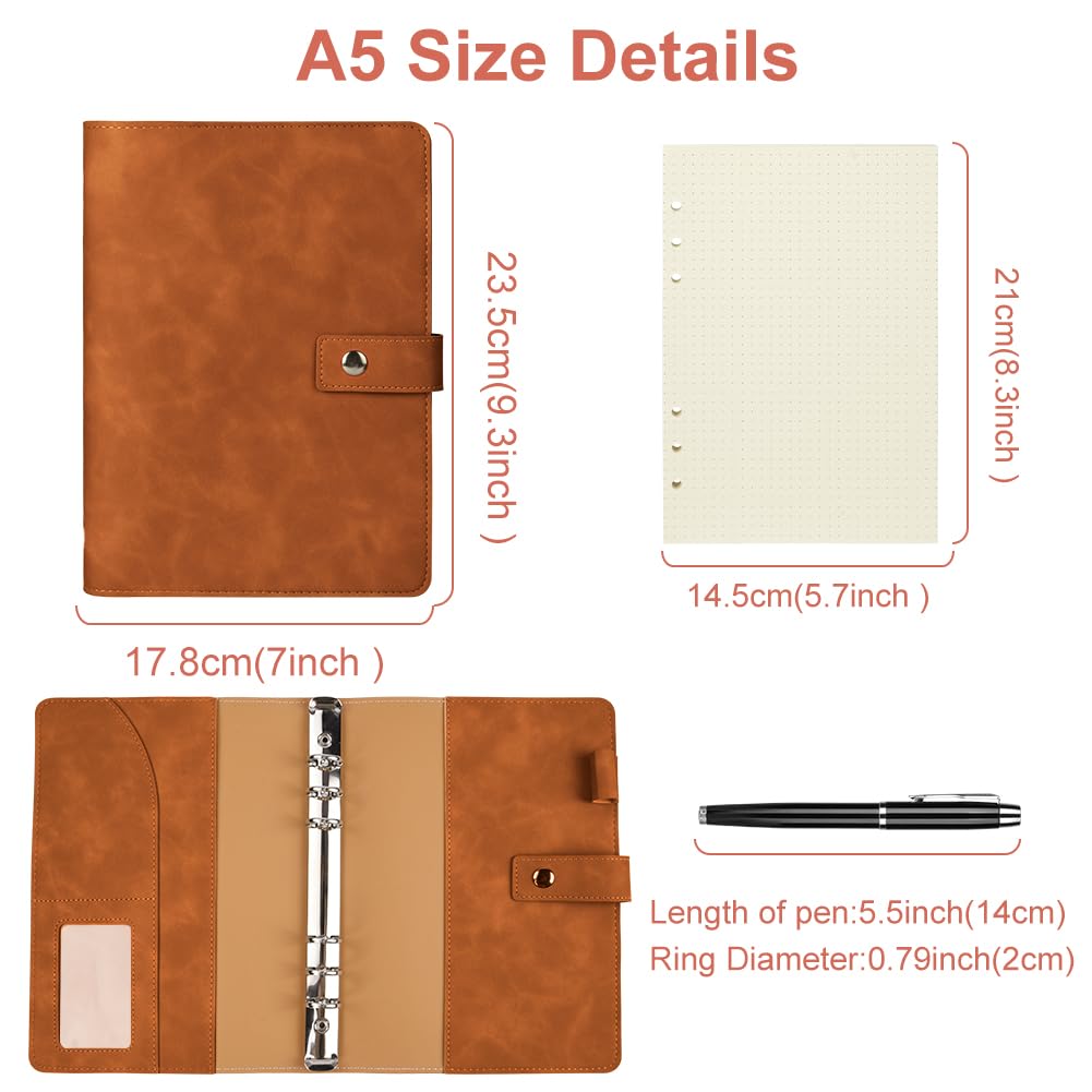 ANOMM A5 Ring Binder Notebook PU Leather Diary, Refillable Notebook with A5 Dot Grid Paper & Inner Pockets & Index Divider - Image 3