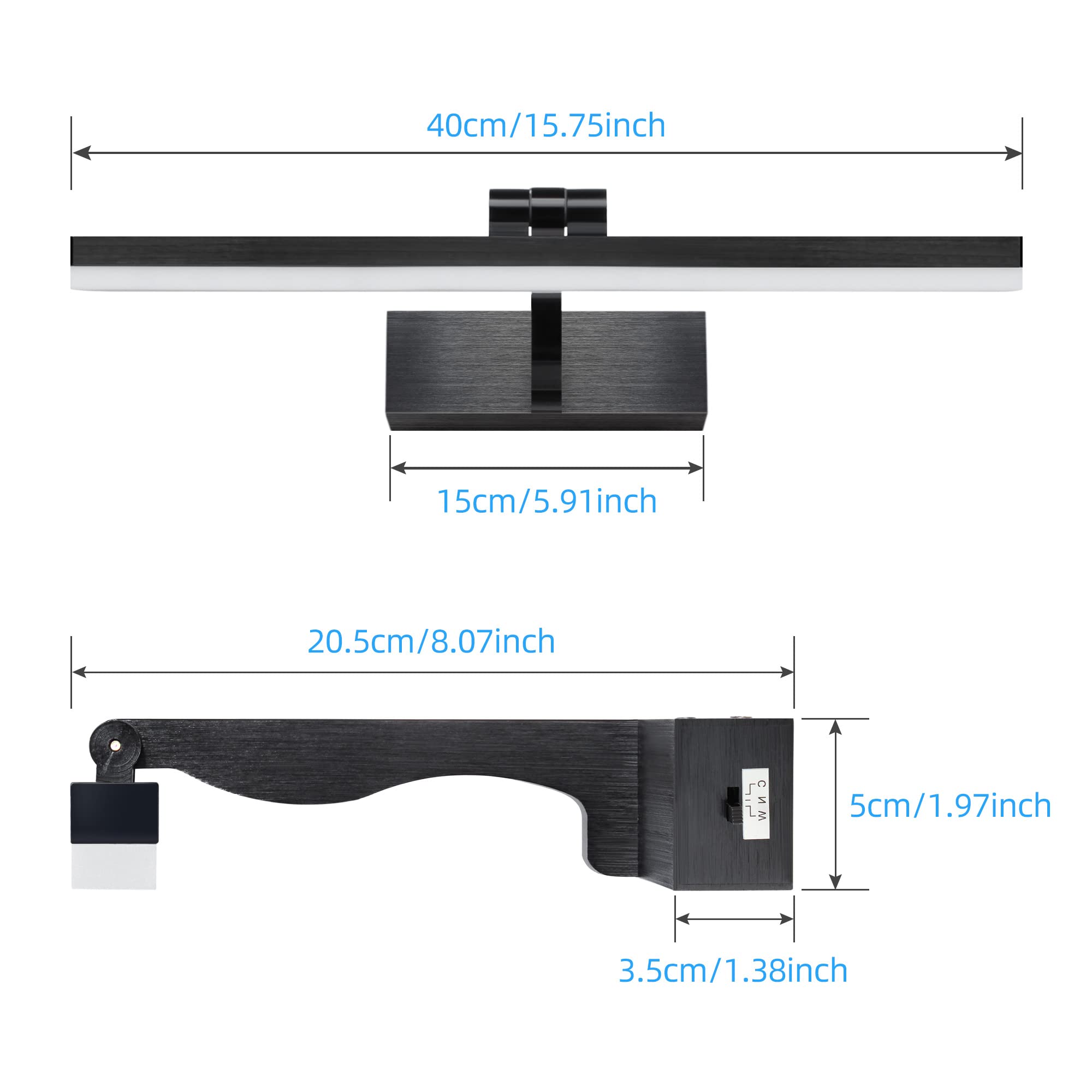 MantoLite badezimmer wandleuchte 8 W 40 cm LED-Spiegelleuchte Schwarz Dimmbar Bilderleuchte Leseleuchte Wandlampe 3000 K/4500 K/6000 K Geeignet für Innenbeleuchtung
