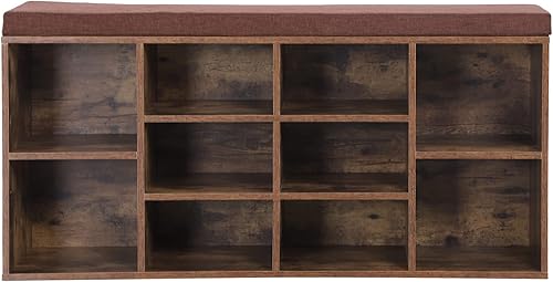 Miniatura 8 de PHI VILLA Banco de almacenamiento de zapatos con cojín de asiento, zapatero organizador de zapatos para entrada, sala de estar, marrón rústico