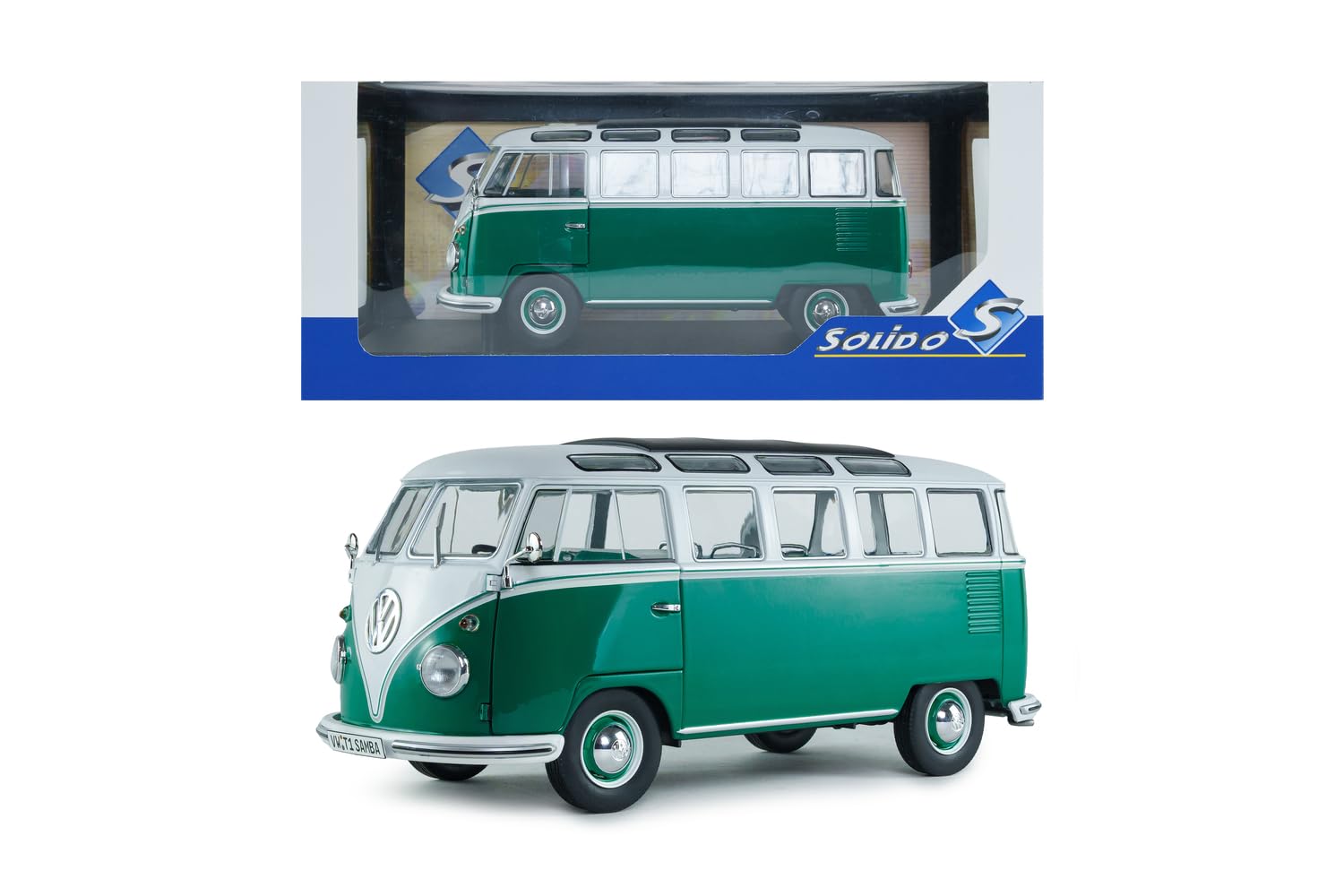 Solido - VW T1 Samba 1962 1:18 - Modellino di auto pressofuso, modello da collezione in metallo, verde/bianco, con base in plastica, scatola con finestra