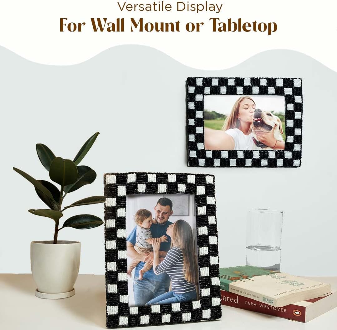 Folkulture 5x7 Picture Frame | Unique Beaded Black & White Checkered Picture Frames or Family Photo Frames for Wall, Desk Décor|Marcos Para Fotos De Pared Vertical & Horizontal Display for Home Décor