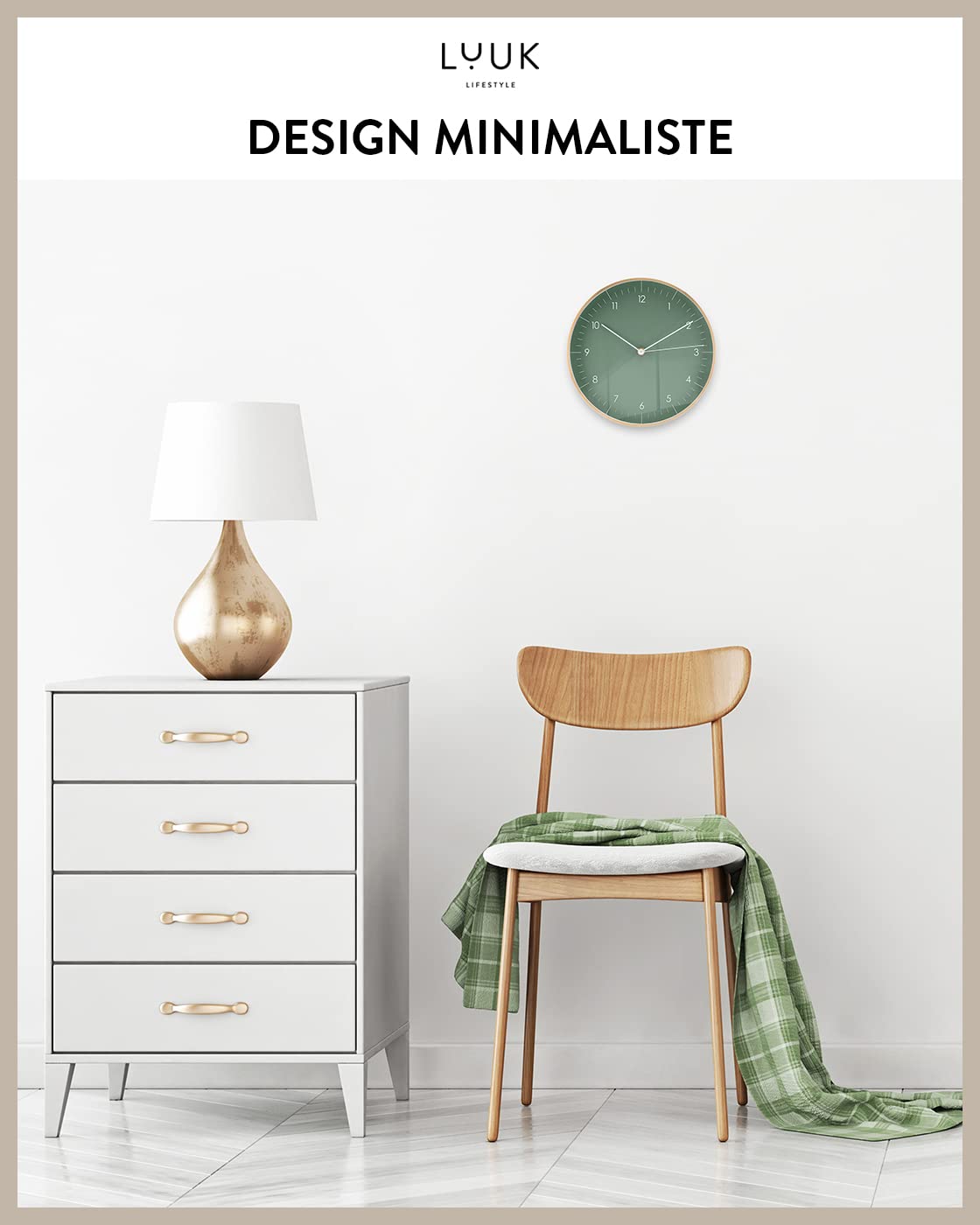 LUUK LIFESTYLE Horloge Murale Silencieuse Design Moderne 24 cm Vert et Doré