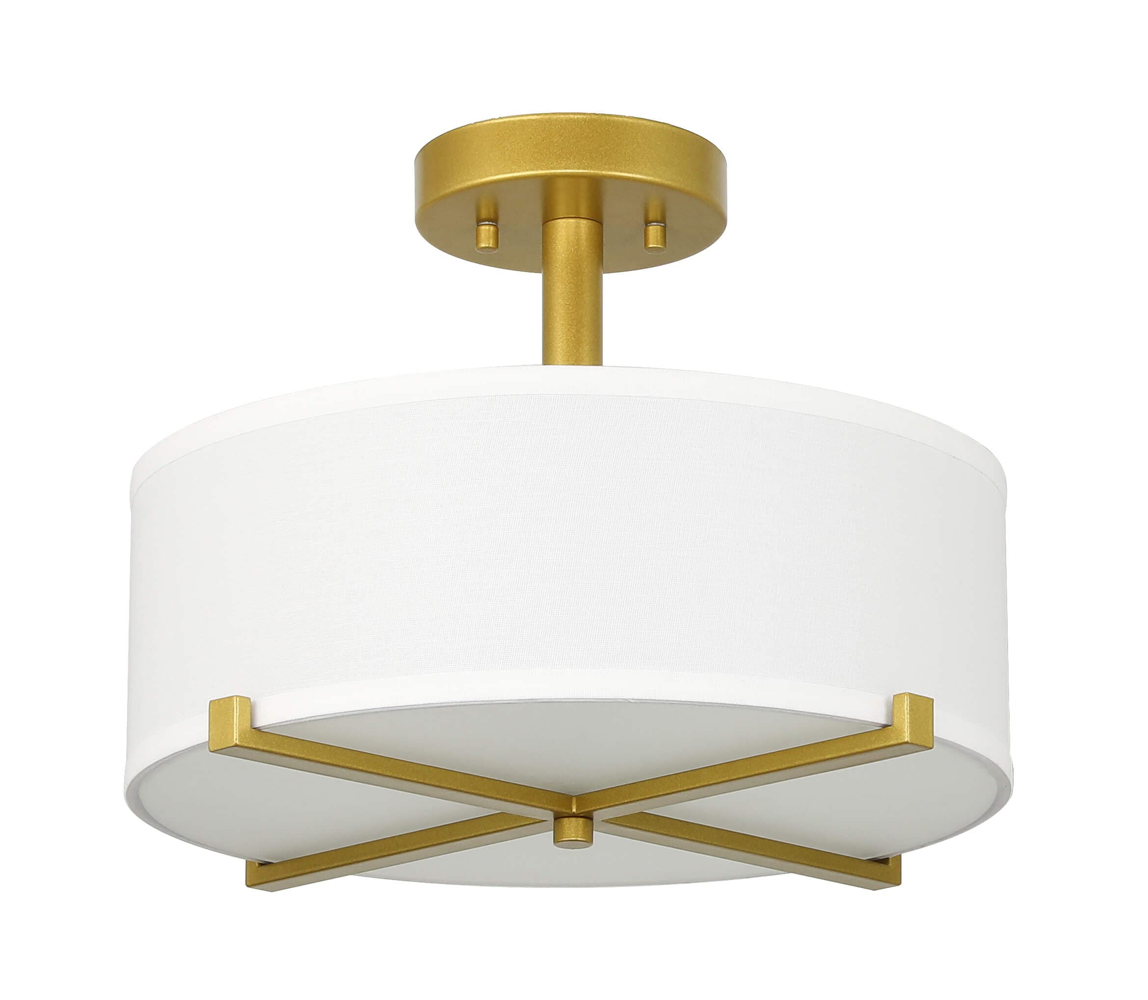 XiNBEi Lighting 3 Light Semi Flush Mount Ceiling Light Fixture with White Drum Fabric Shade Modern Gold Brass Close to Ceiling Lamps for Living Room & Bedroom