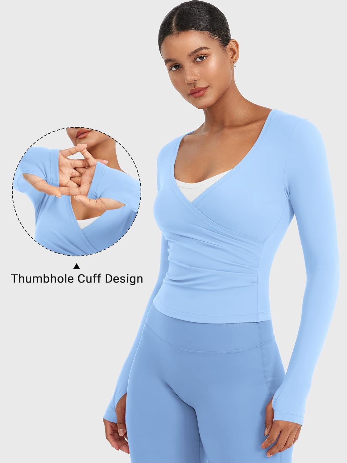YEOREO Minniy Women Workout Wrap Top Long Sleeve with Thumb Holes V Neck Basic Shirts for Yoga Pilates Going Out Shrug Blouse - Image 3