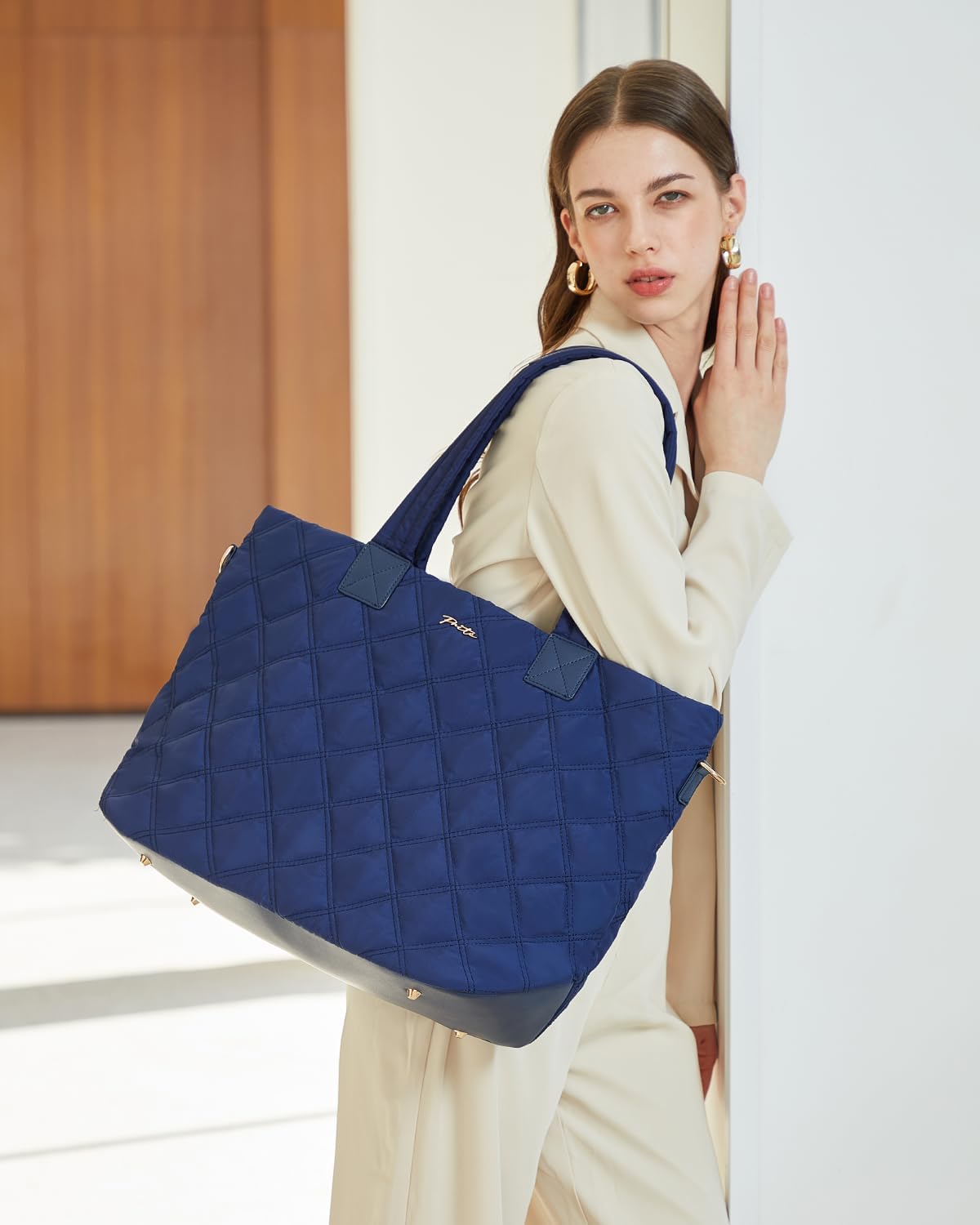 Prite Tote Bag for Women Lightweight Puffer Tote with Compartment Quilted Work Bag - Image 3