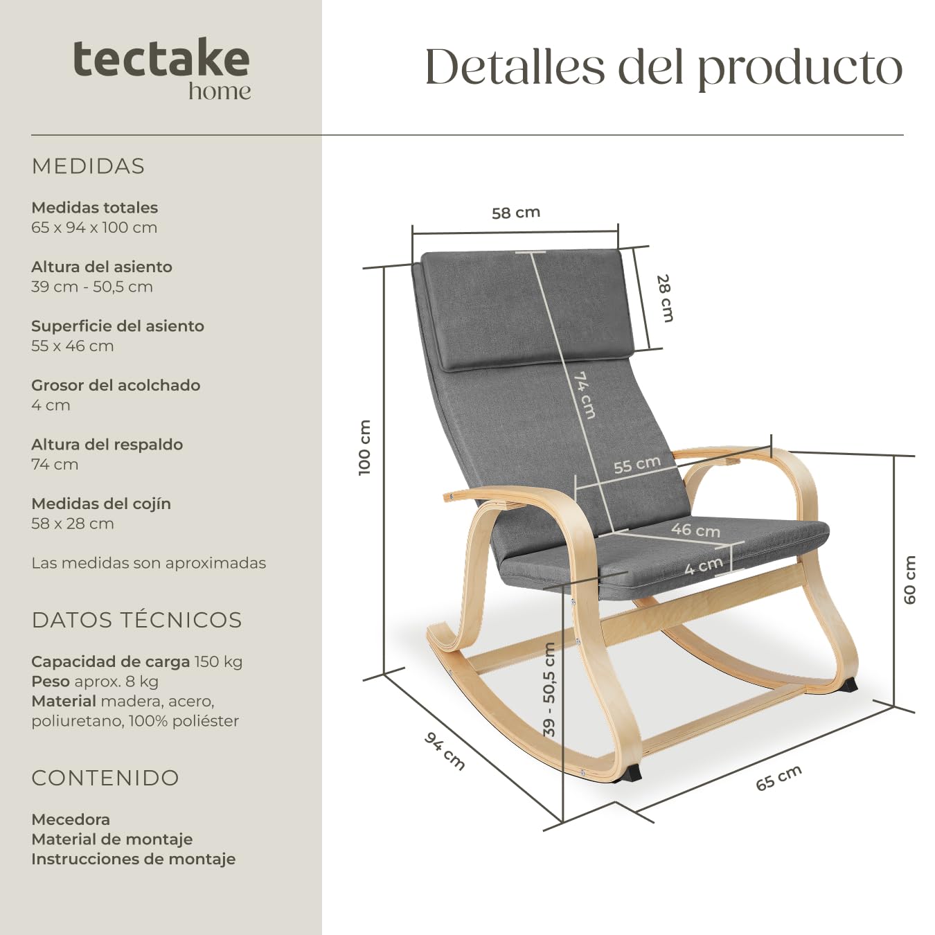 tectake® Mecedora Roca de Madera de Abedul 150kg, Silla Mecedora, Oscilante, Sillón Ergonómico para Balanceo - Gris Claro