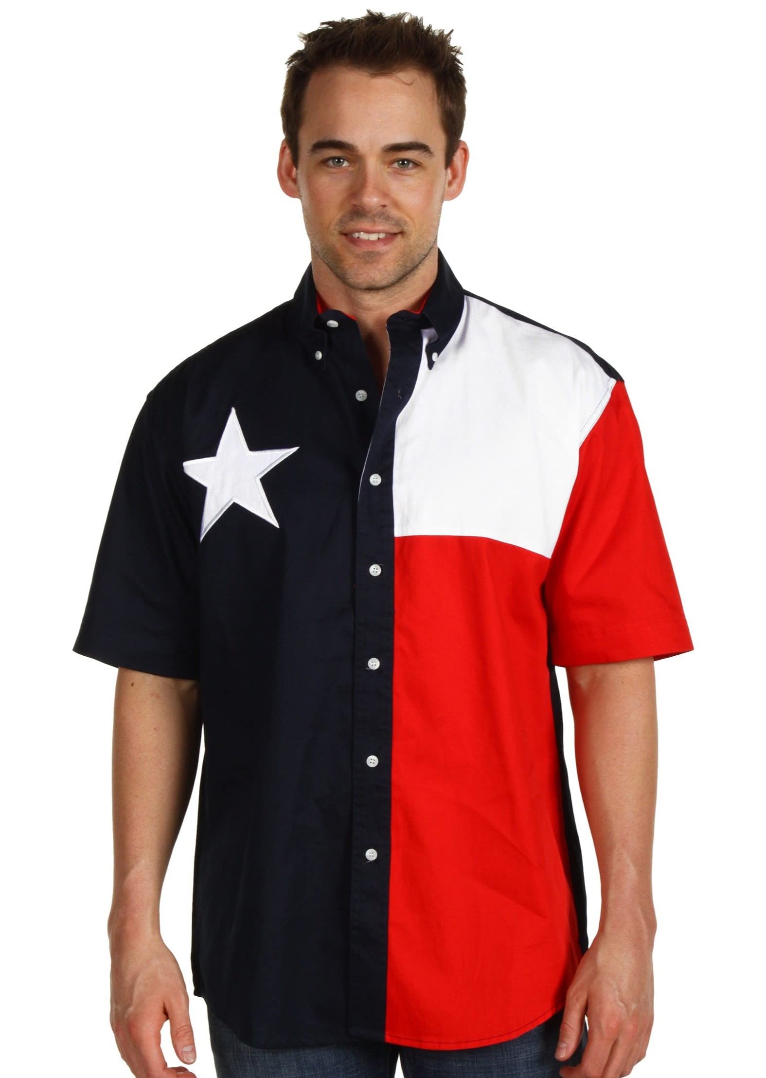 MENS RED WHITE AND BLUE PIECED TEXAS FLAG SHORT SLEEVE WESTERN SNAP SHIRT
