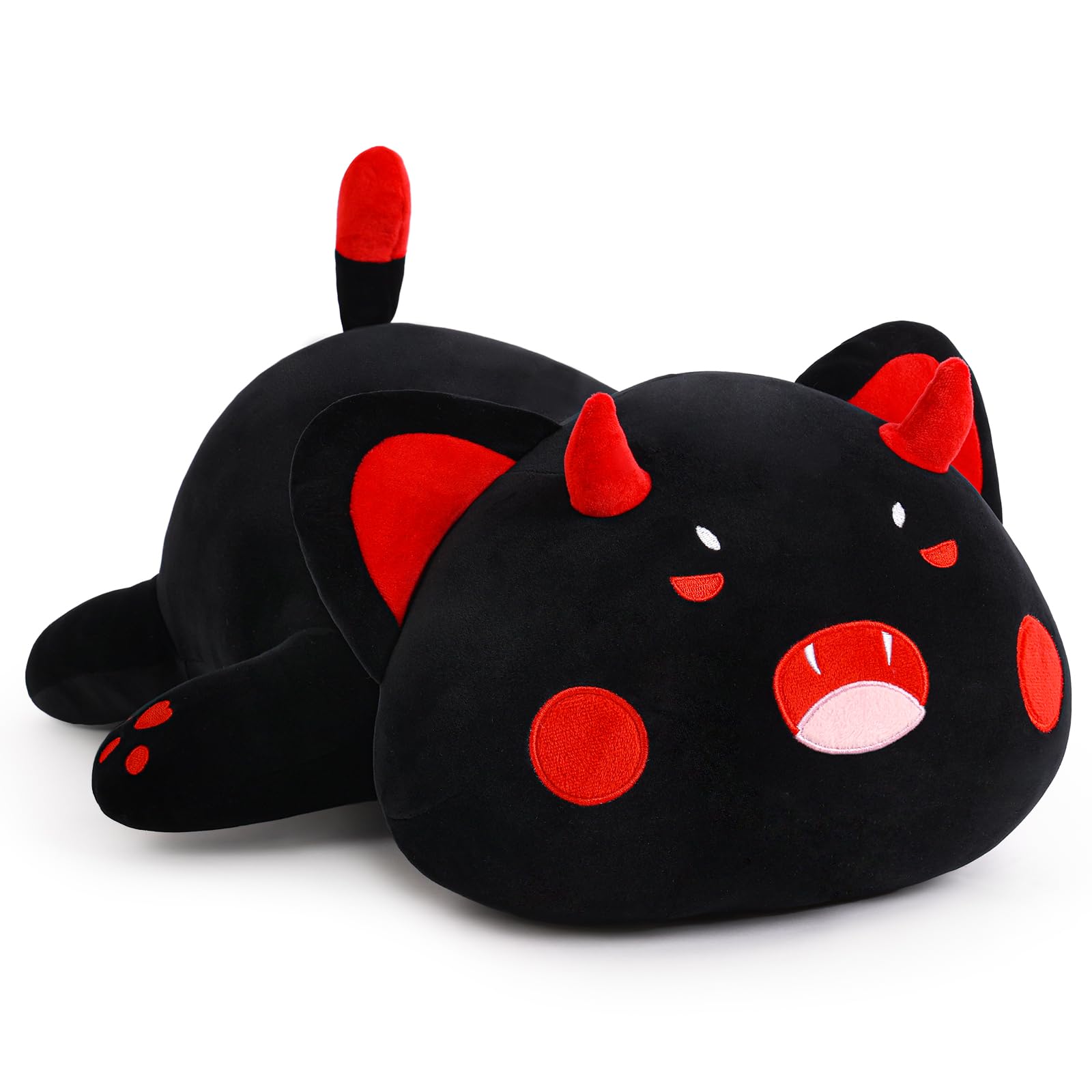 Black Cat Plush Pillow Kawaii Toy Cute Soft Cat Stuffed Animals Kitten Plushie Doll Great Gift for Kids and Adult Birthday Christmas Valentines, 12", Black Red