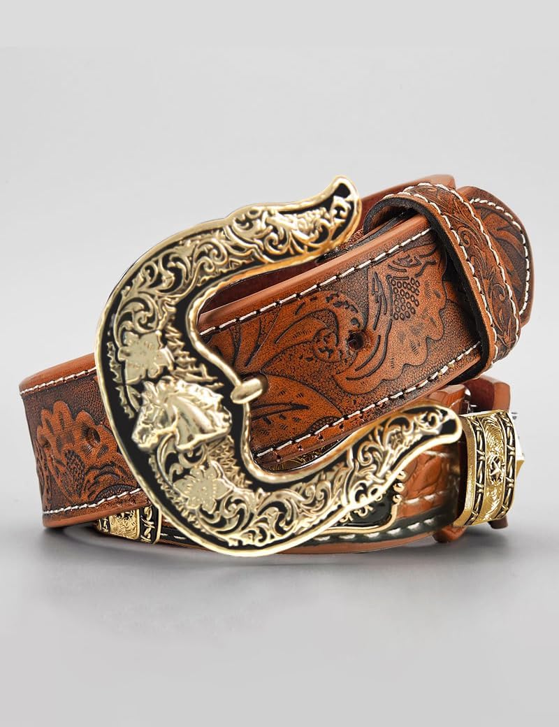 TOPACC Western Belts for Women Men Cowgirl Cowboy Embossed Engraved Tooled Leather Belt Rodeo Country Jeans - Image 3