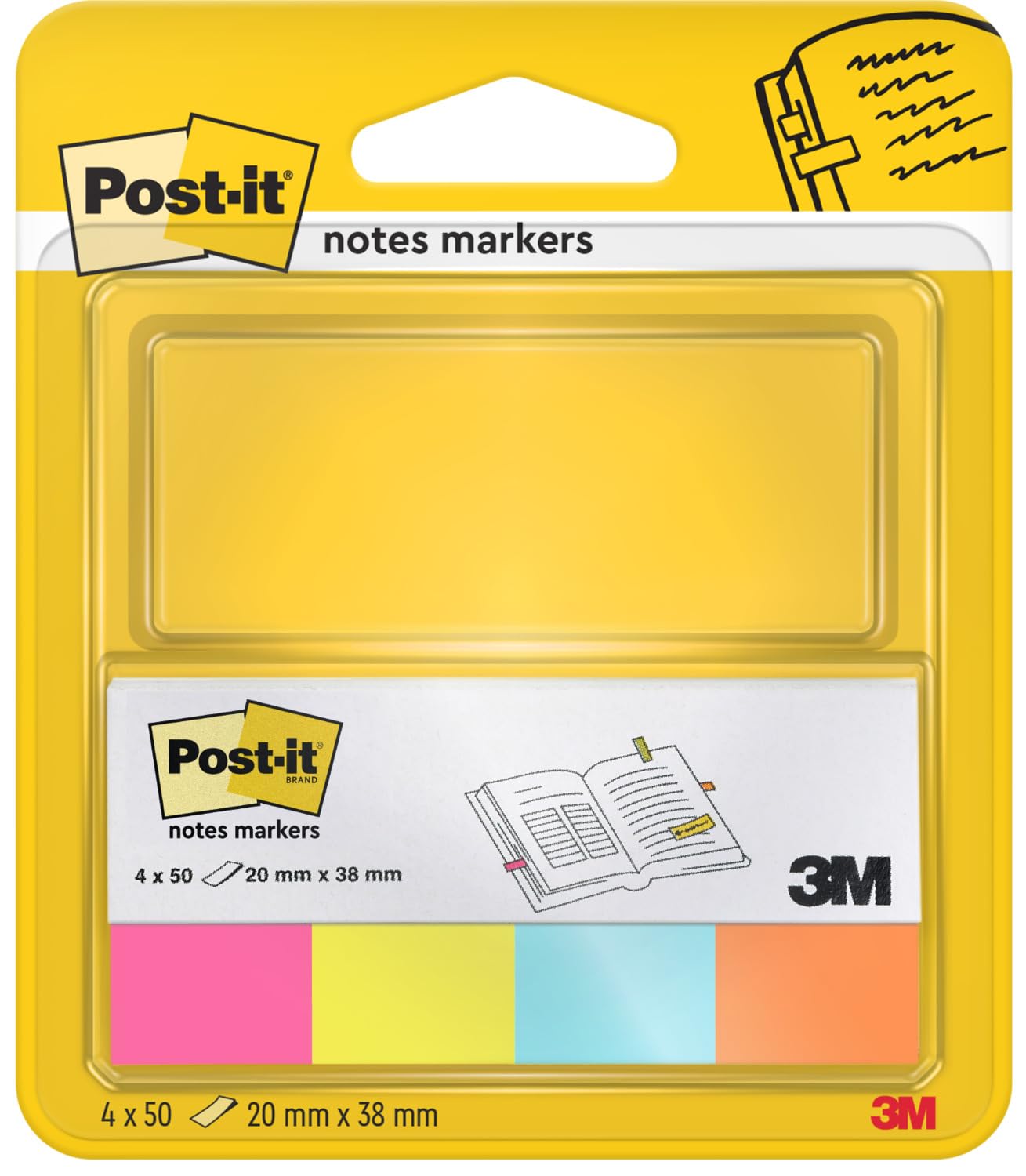 Post-it Notes Markers, Ultra Colours - Pack of 4 Pads, 50 Markers per Pad, 20 mm x 38 mm, Blue, Yellow, Green, Pink Colors - to Mark, Highlight or Color Code Important Information