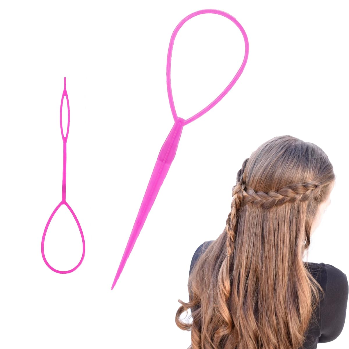 2 Pcs Ponytail Pull Through Hair Hoop Tool, Braiding Tool topsy tail hair tool, Hair Pull Through Tool, PonyTail Hair Tool, Hair Braiding Tools Hair Looping Tool Styling Maker For Women Girls(Pink)