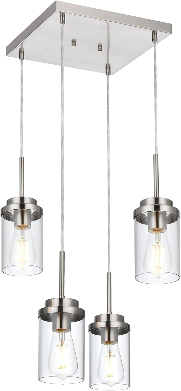 melucee 4-light hanging pendant light fixtures with clear glass shade, brushed nickel modern chandelier dining room light fixtures over table kitchen island lighting, height adjustable brushed nickel 4 lights-square