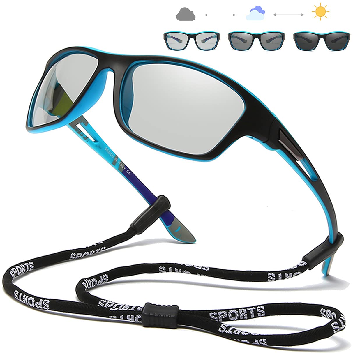 Gafas de sol fotocromáticas polarizadas de pesca para hombres y mujeres, protección UV, ciclismo, conducción y deportes gafas de sol, Marco azul/Lente fotocromática, Medium