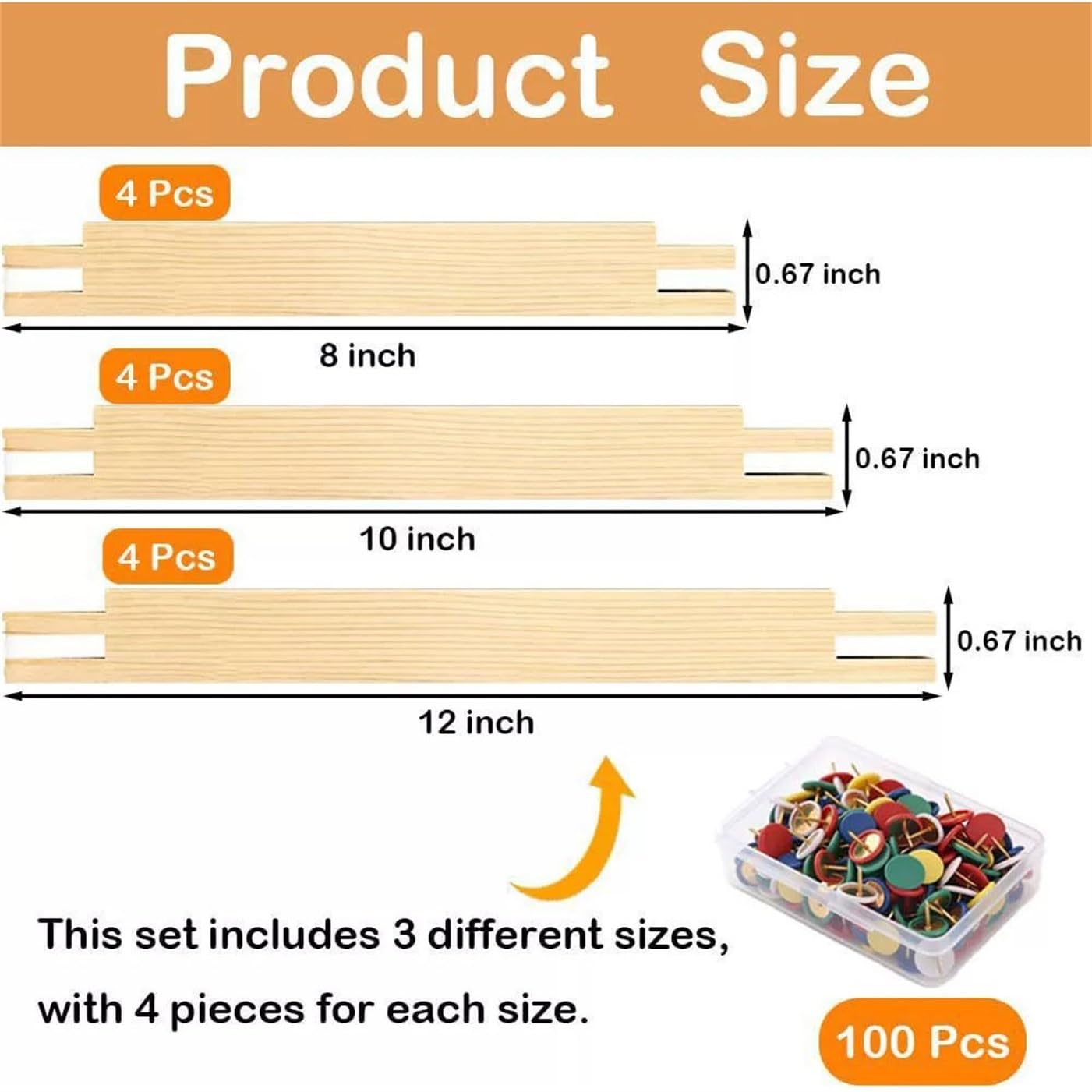 12 Stück Holz Stickrahmen Rollen Kreuzstich Set mit 100 Reißnägeln | 3 Größen glattes Kiefernholz Bastelzubehör for Handstickerei Anfänger
