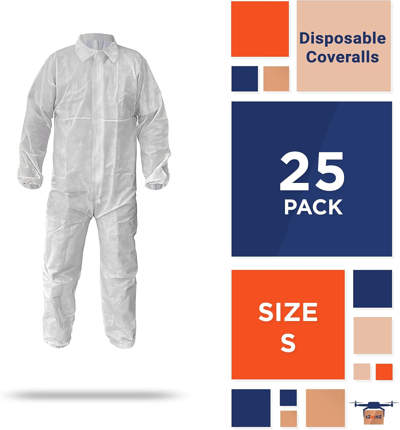 EZGOODZ White Hazmat Suits Disposable, Small. 25 Pack 30 GSM Polypropylene Disposable Coveralls for Men/Women. Breathable Unisex Lab Coveralls Disposable with Front Zipper, Elastic Wrists & Ankles