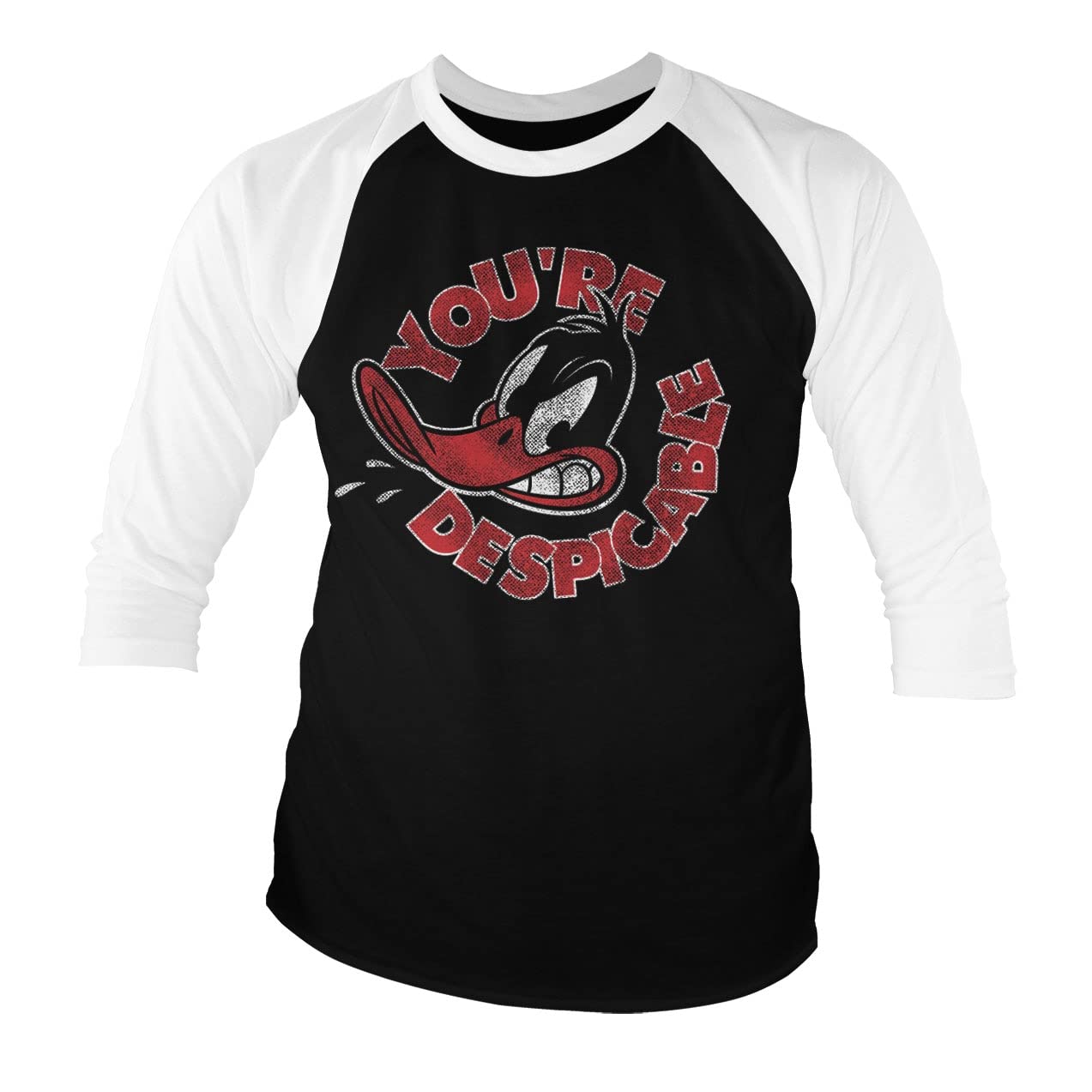 LOONEY TUNES Officially Licensed Daffy Duck - You're Despicable Baseball 3/4 Sleeve T-Shirt (Black-White), Large