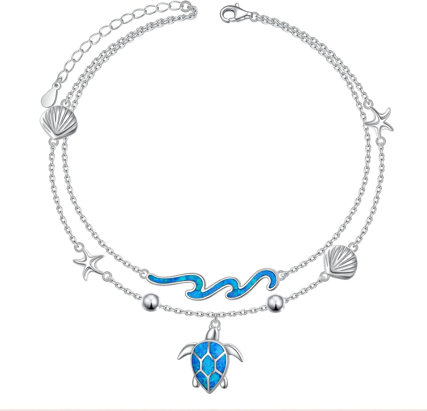 Ladytree 925 Sterling Silver Turtle Starfish Ocean Wave Anklet for Women Adjustable 9+2 Inch Beach Shell Ankle Jewelry with Created Blue Opal - Image 9