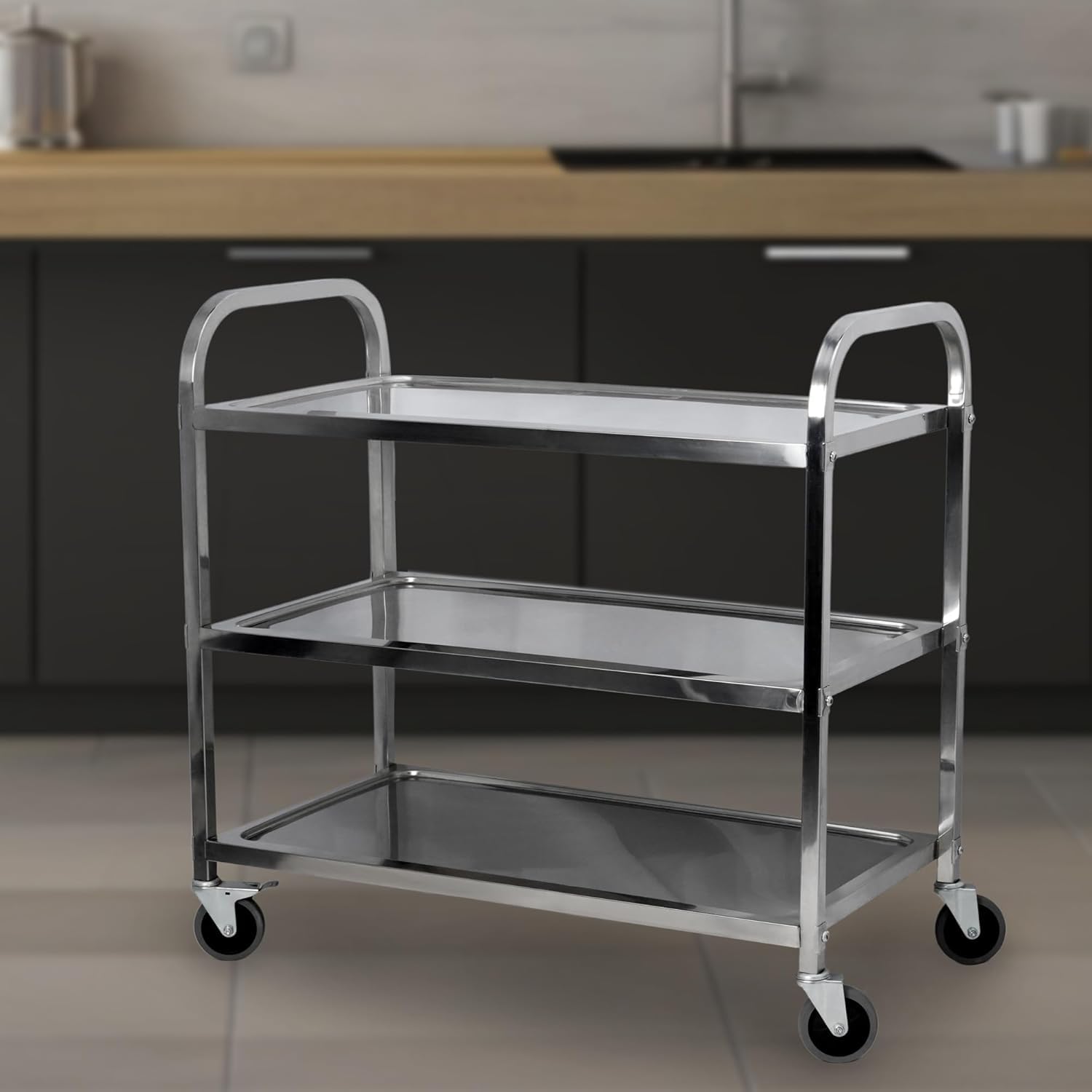 Generisch Carrello da servizio, 75 x 40 x 83,5 cm, in acciaio inox, con 4 ruote girevoli a 360°, per ristorante, cucina o hotel