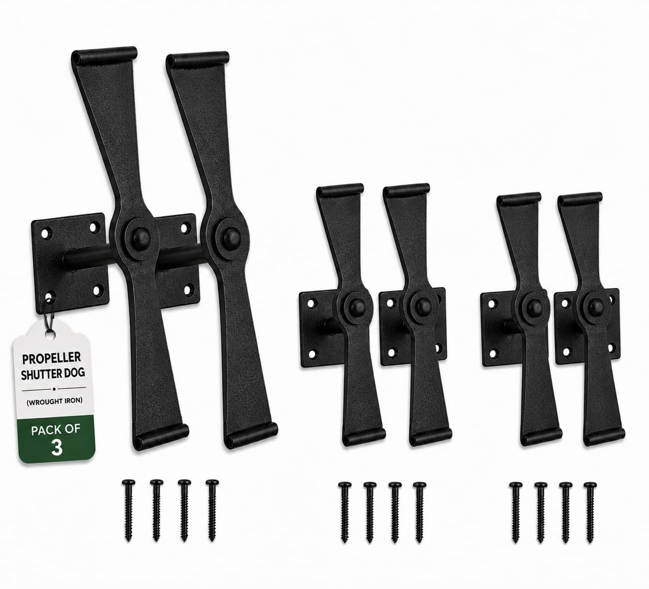 Renovators Supply Manufacturing Black Shutter Dogs 5 3/4 In. Propeller Shaped Wrought Iron Shutter Dogs With Mounting Hardware Pack Of 3