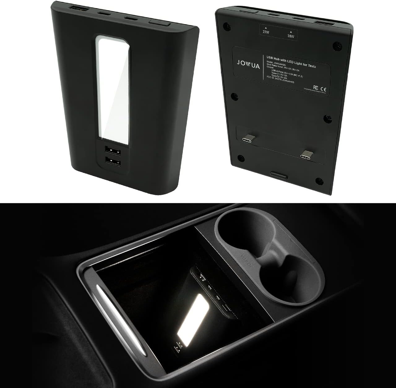 JOWUA USB hub with LED Light Compatible for 2021-2023 Tesla Model Y & Model 3 with Dual USB-C Ports