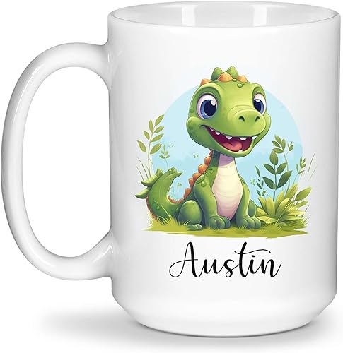 Taza de té con temática de dinosaurio con nombre personalizado, lindo regalo personalizado de taza de café de dinosaurio para amantes de los