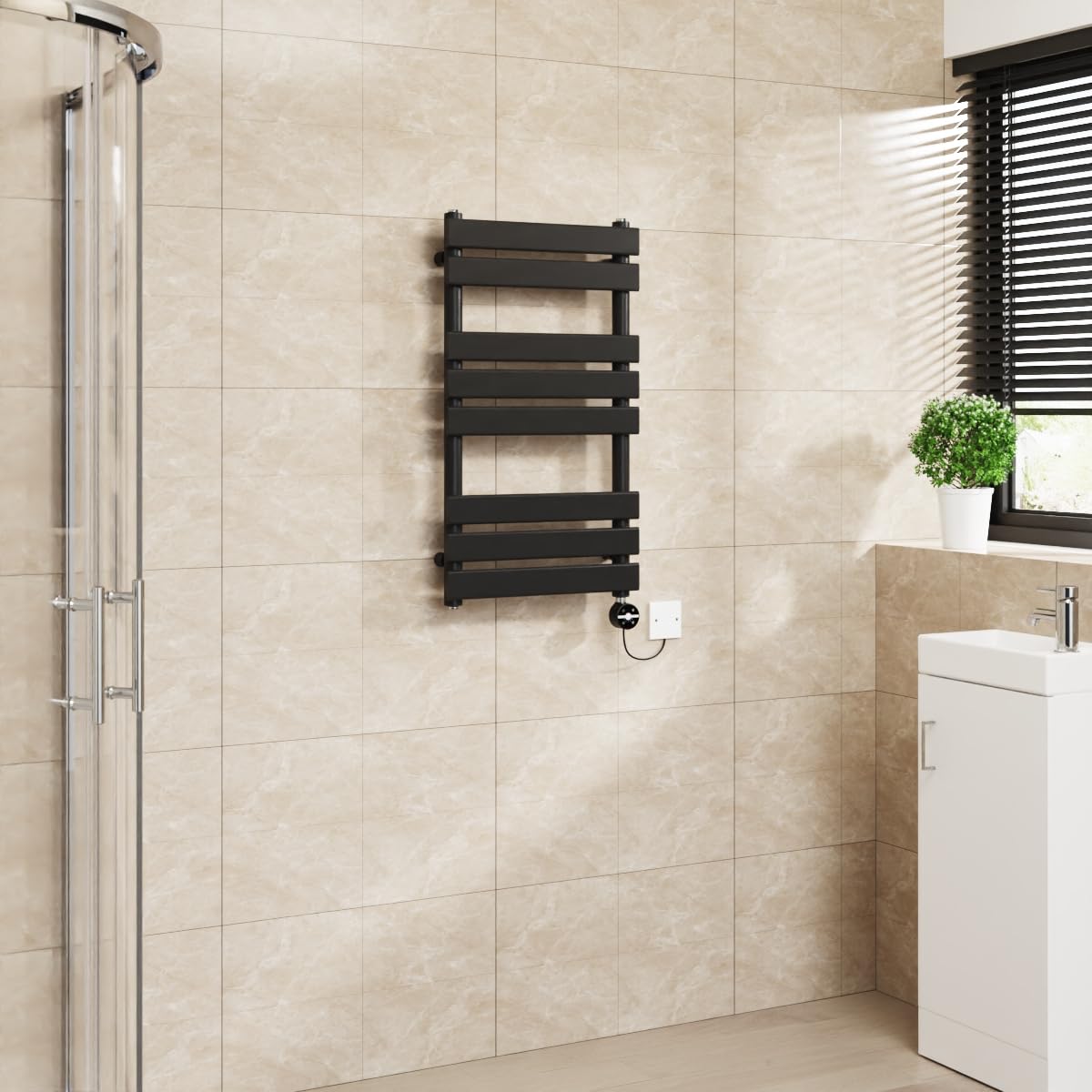 Warmehaus Black Flat Panel Electric Heated Towel Rail Touch Screen Timer Bathroom Radiator Prefilled 800X450mm 400W