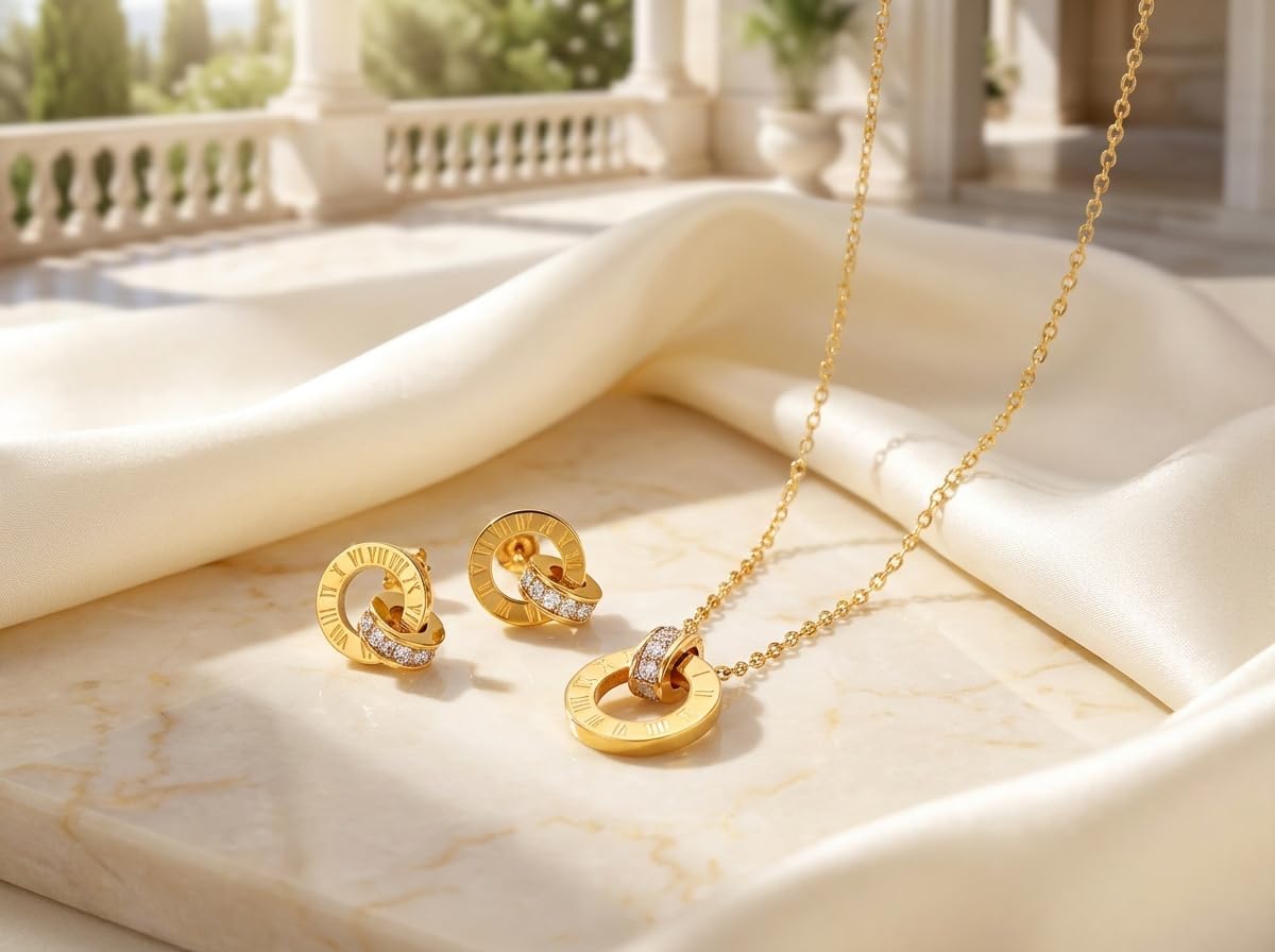 Gold Tone Jewelry Set with Roman Numeral, Dainty Design 18 Inch Chain Necklace and Earrings with Crystals - 18K Stainless Steel Gold-Plated Chain Trendy Gifts for Women (Earrings & Necklace Set) - Image 8