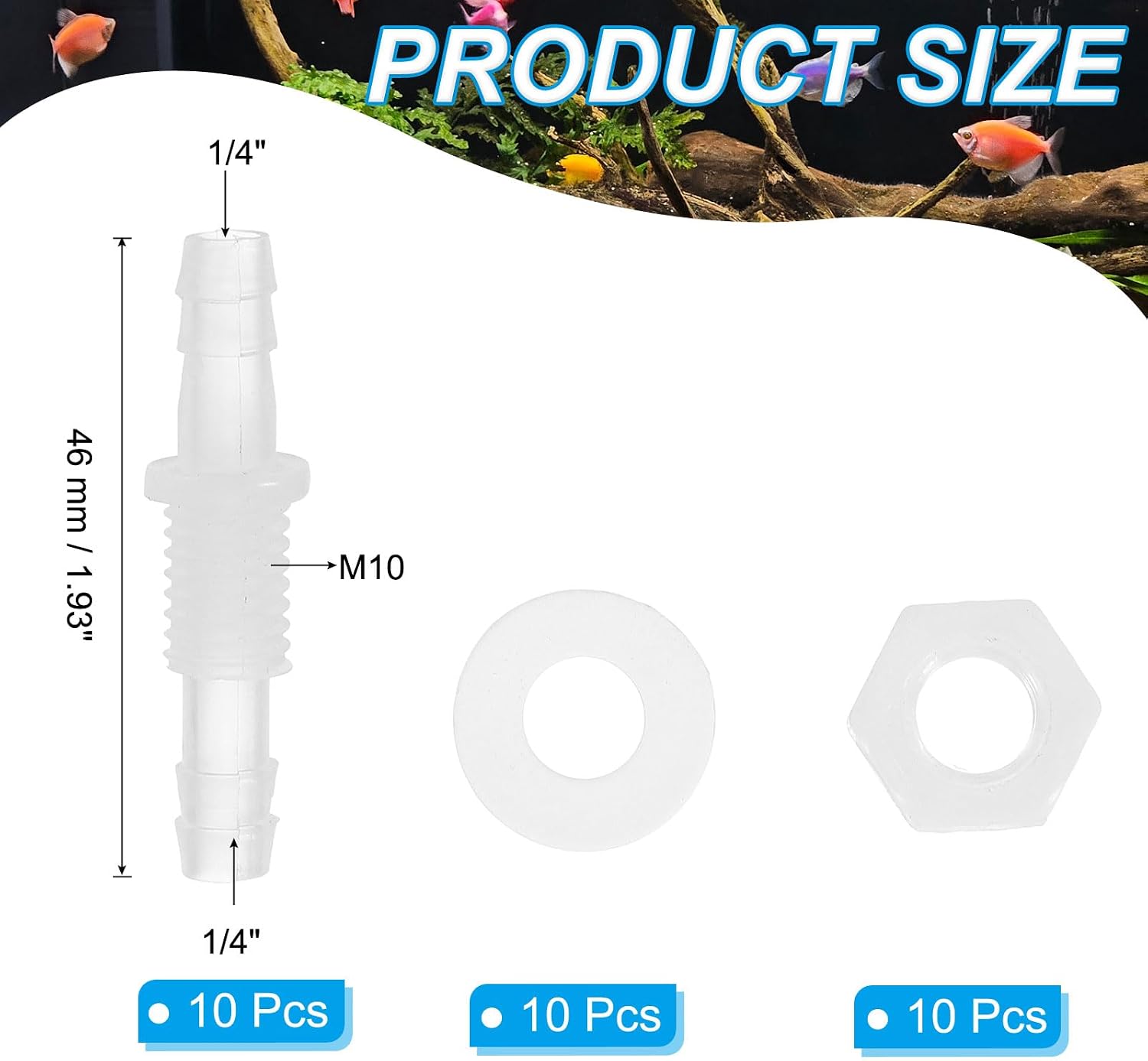PATIKIL 1/4" Hose ID Barb Thru-Bulk Bulkhead Fittings, 10 Pack Union Plastic Adapter Fittings with M10 Nuts Silicone Washers for Aquarium Water Fuel Air