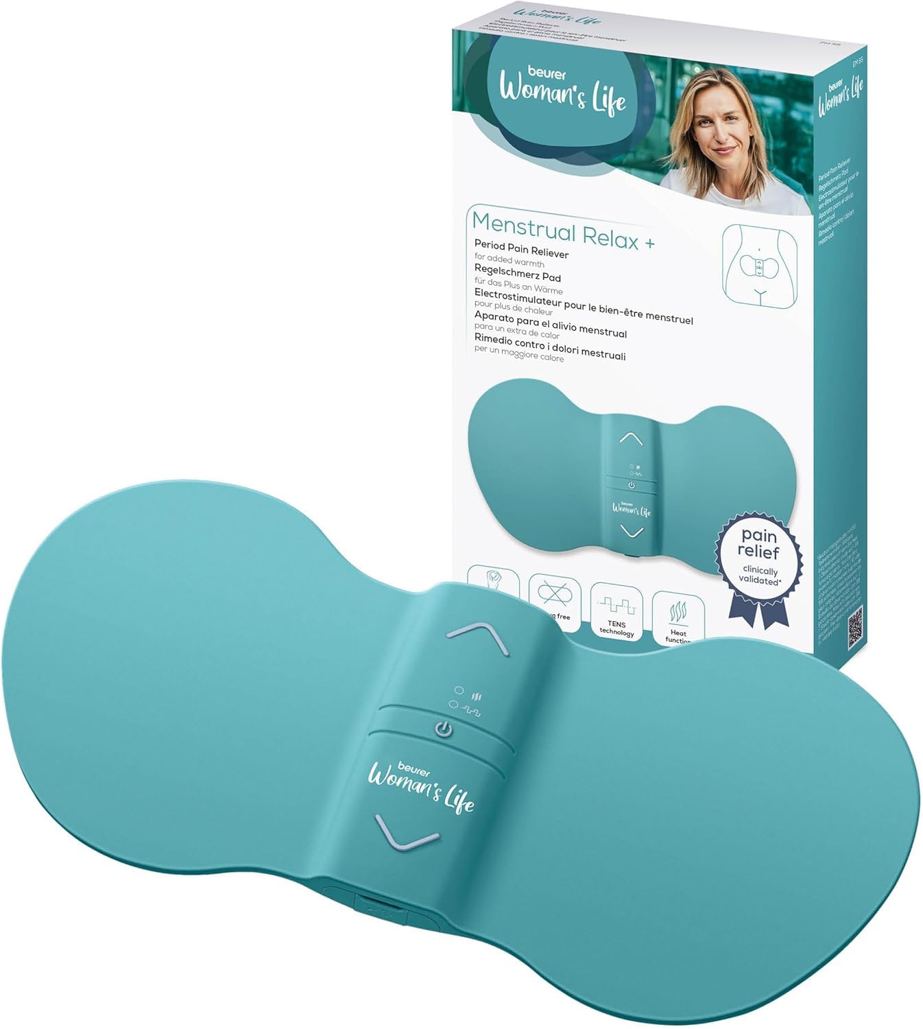 Beurer Em 55 Menstrual Relax+, Pad Elettrostimolatore Medicale Tens Contro i Dolori Mestruali e da Endometriosi, Funzione Calore, Batteria Ricaricabile, Superficie Più Ampia, Colore Turchese