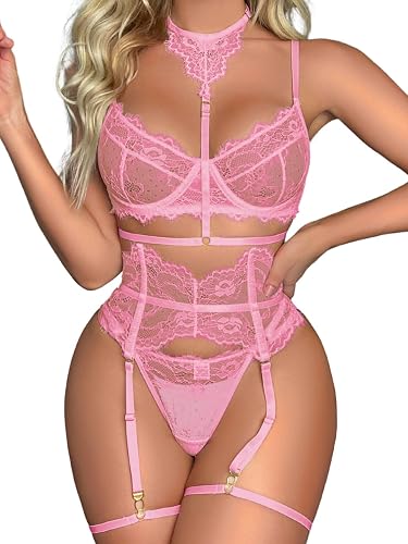 Kaei&Shi Garter Lingerie Set for Women, Sexy Floral Lace, Strappy High Waisted Hide Belly, 4 Piece with Exotic Choker Belt - Large - Light Pink