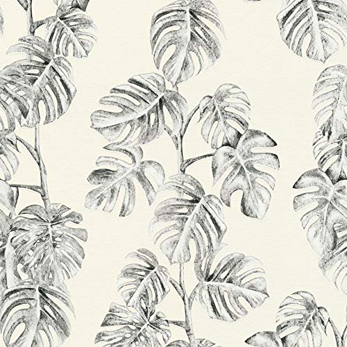 Monstera - Papel pintado tropical negro y blanco 3728-12 | Papel pintado de hojas blanco y negro | Papel pintado para dormitorio y salón Cover