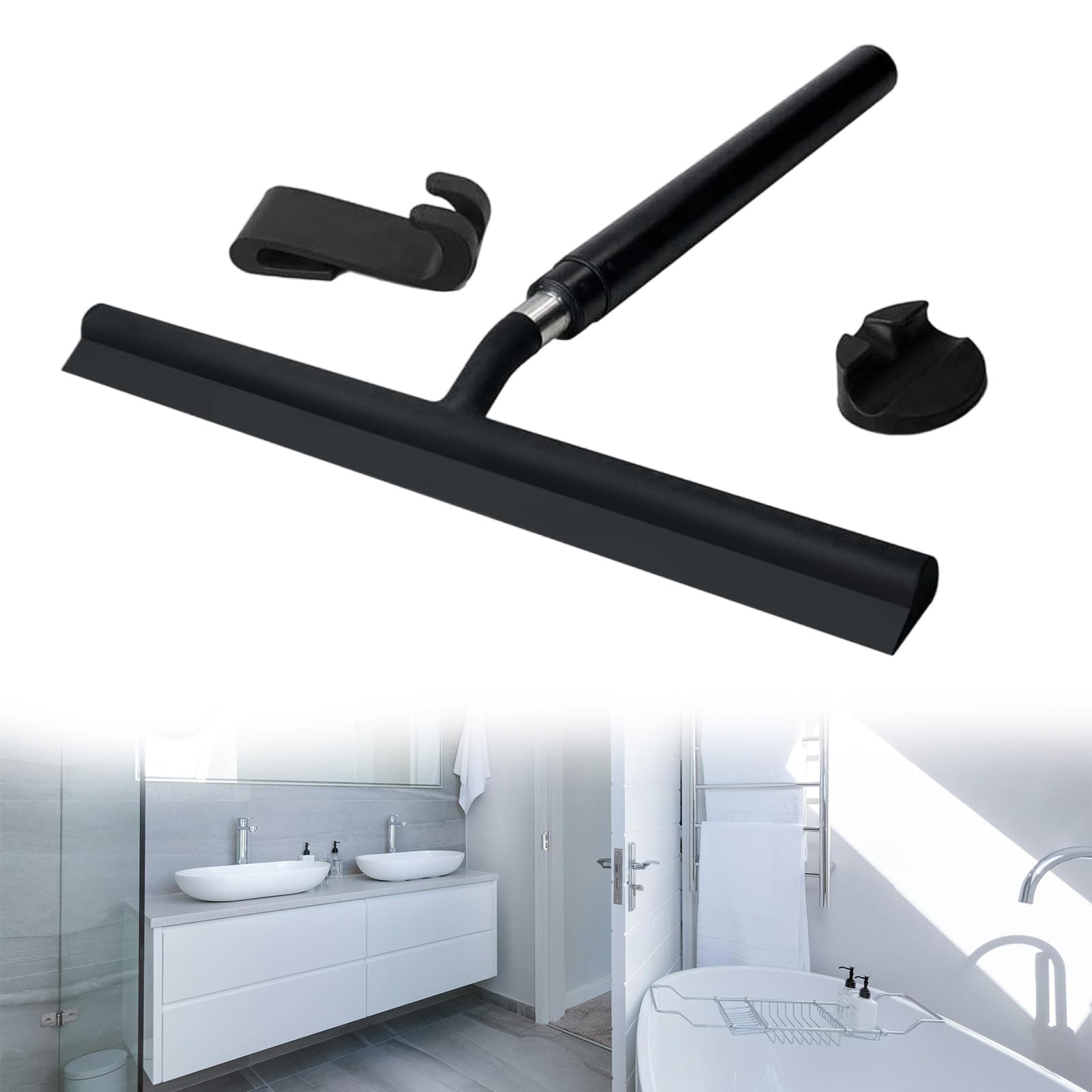 Estropajo telescópico de silicona con cubiertas de tela y gancho, ideal para ducha, vidrio, azulejos, suelos, espejos. Herramienta de limpieza versátil para el baño