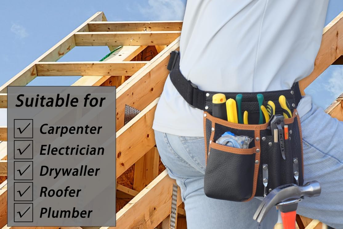 Genuine Leather Tool Belt for Men, Large Capacity Woodworking Tool Bag with Multi Pockets, Adjustable 33-47in Waist Belt & Quick-Release Buckle, Multipurpose Carpenter Pouch