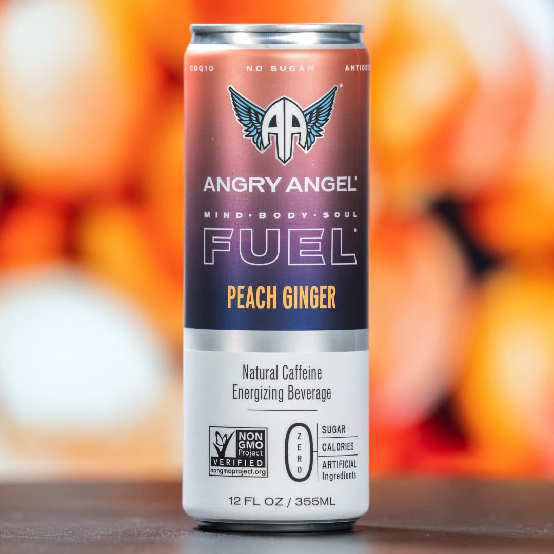 Angry Angel Strawberry Kiwi & Peach Ginger Natural Energy Drink - (24 count) Mixed Pack - Zero Sugar - CoQ10 - Important B Vitamins - 12 oz Cans