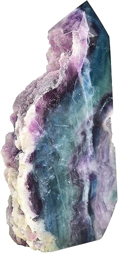 AMOYSTONE Varita de piedra de cristal de fluorita natural, obelisco, losa de torre grande, bloque de varita puntiaguda verde-morado, textura