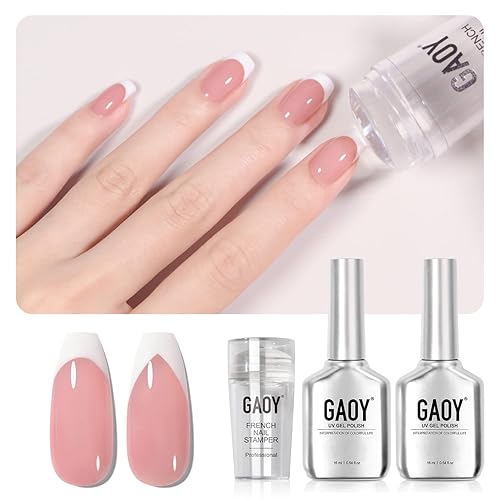 Miniatura 7 de GAOY Kit de manicura francesa, sello de uñas y 2 esmaltes de uñas de gel, incluye gelatina nude, rosa lechoso, blanco, colores para punta francesa,