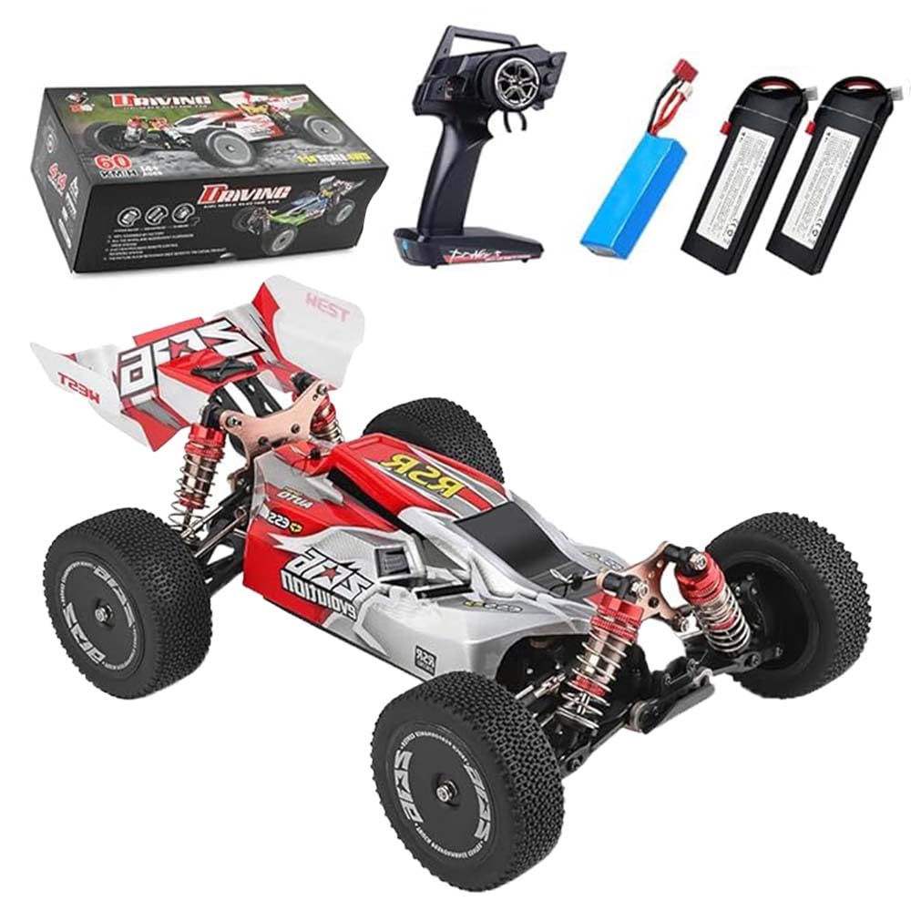 1/14 WLtoys 144001 Coche teledirigido para adultos, 60 km/h, camión monstruo RC de alta velocidad, 2,4 GHz, todo terreno RC Crawler Buggy, 4WD Off-Road Drift Carreras, 3 baterías, rojo