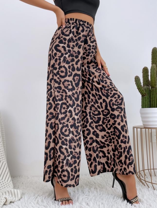 Women's Leopard Pants Elastic High Waist Wide Leg Trousers with Pockets Casual Streetwear 2026 Fall Leopard Pants - Image 6
