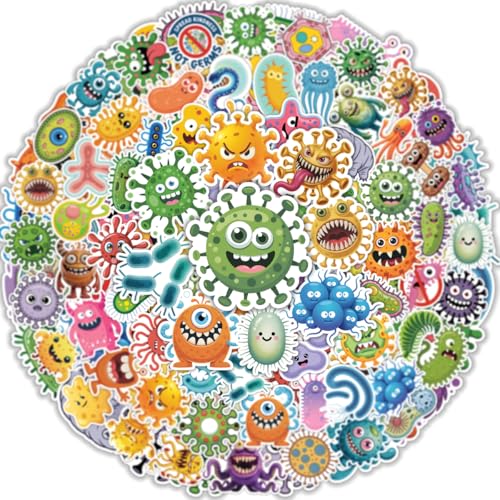 64PCS Germ Stickers Pack, Funny Virus & Bacteria Cartoon Vinyl Stickers, Waterproof Science Decals for Kids, Laptop, Water Bottle