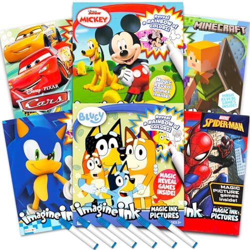 Bulk Imagine Ink Coloring Book Set for Boys - Bundle with 6 No Mess Coloring Books Featuring Sonic Minecraft Mickey Mouse Spidey Cars and Bluey