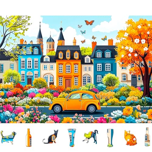 Image of Colorful City Street Jigsaw Puzzles for Adults 500 Pieces Spring Vintage Car and Flower Garden Scene Puzzle Family Challenging Funny Puzzle Perfect for Game Nights(21 inchx15 inch)