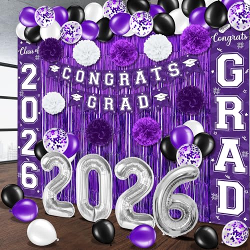 Image of Graduation Party Decorations Class of 2026, Graduation Decorations with Congrats Grad Banner Fringe Foil Curtain Paper Flower Ball Balloons for High School College Graduation Party Supplies, Purple