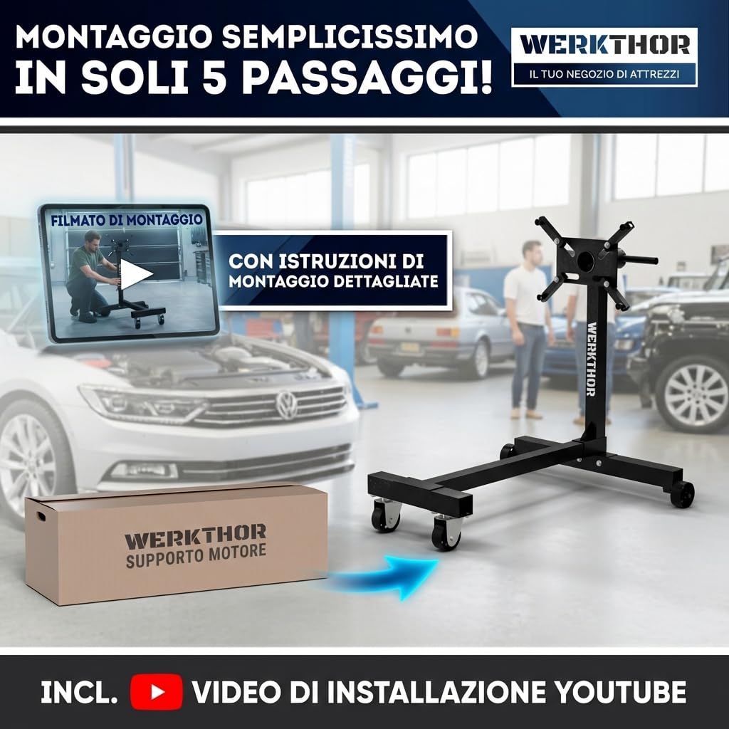 WERKTHOR Podpórka silnika samochodowego, 900 kg, profesjonalna do samochodów ciężarowych i ciężarowych oraz V8 – wspornik silnika obrotowego o 360° – Motorbock czarny XXL stabilny – uchwyt montażowy