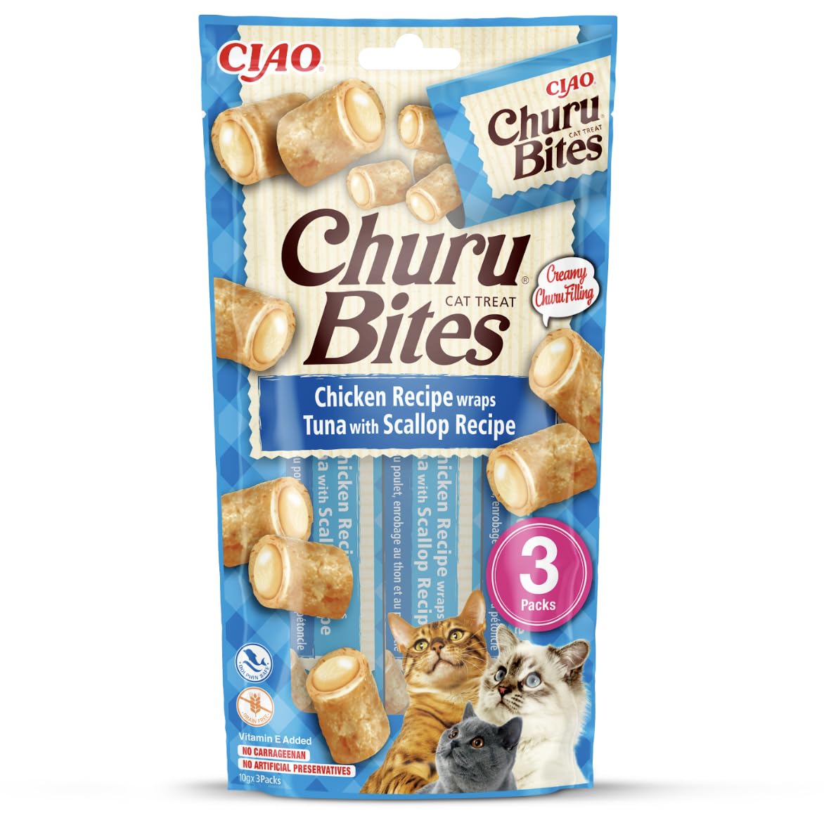 INABA Churu Bites Tuna & Scallop - Snacks para Gatos - Premios Saludables - Golosinas Crujientes y Cremosas - Pequeña y Práctica Porción Sabor Atún y Vieira 3x10g - Comida para Mascotas