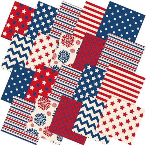Hahafelt 10 Pcs Vintage Patriotic Quilting Fabric Bundles 20 x 20 Inch Red White Blue USA Flag Star Fat Quarters 4th of July Squares Fabric by The Yard for Memorial Day DIY Craft Sewing Material