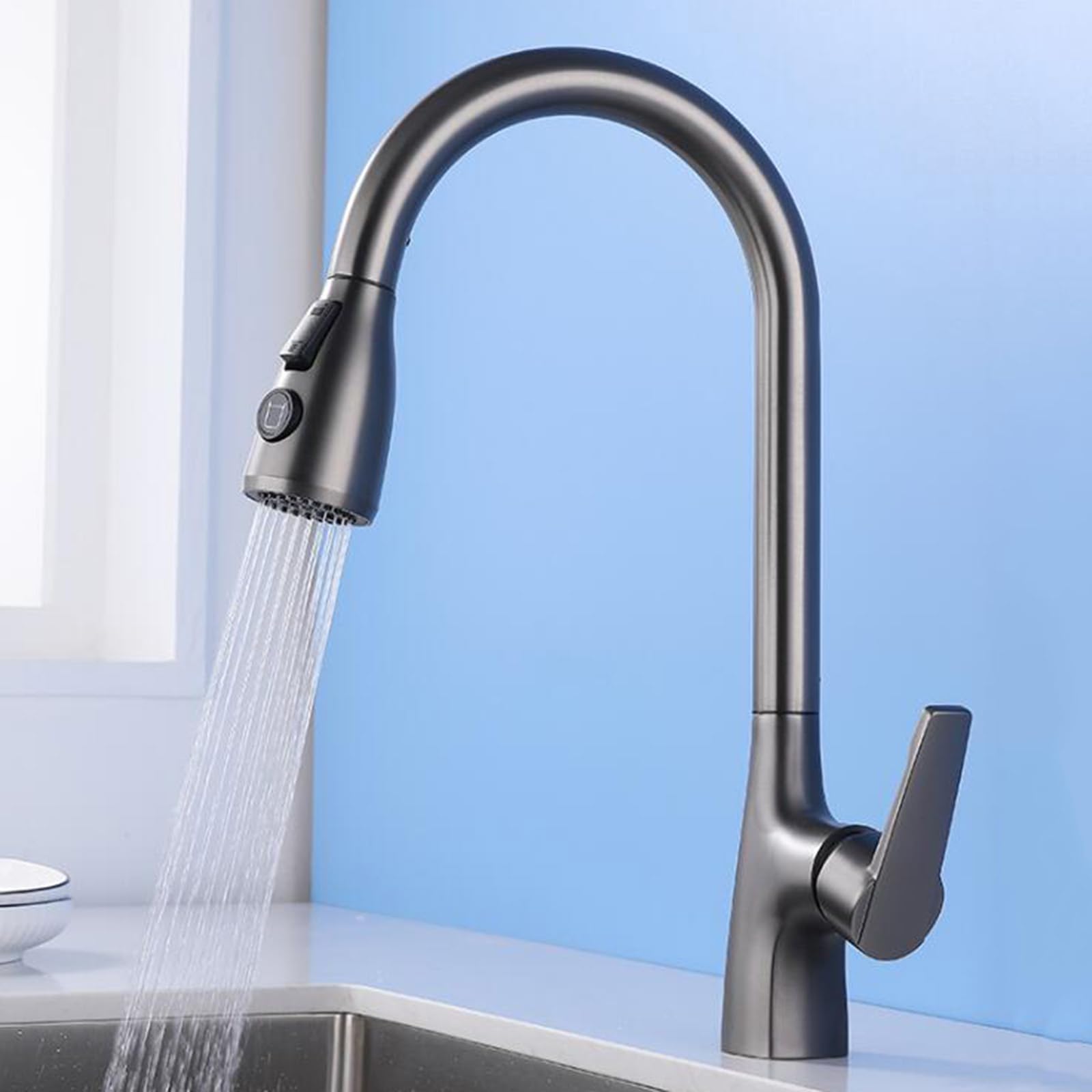 Zqfhsx Grey 3 Way Kitchen Faucet With Pull Out Spray In 1 Brass Mixer Tap For Hot Cold & Purified Water Swivel Sink Modern Kitchens